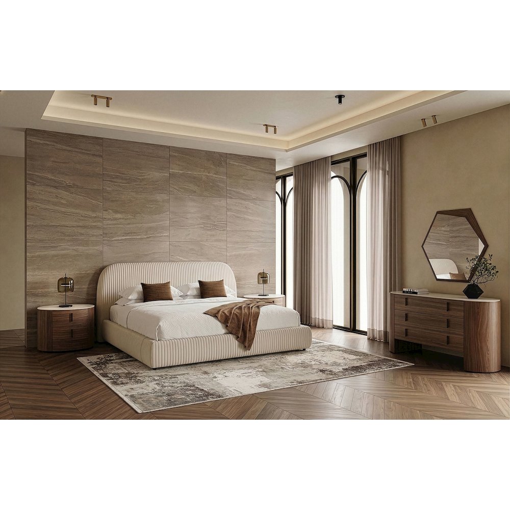 Queen Hortman - Modern Off-White Fabric Bed