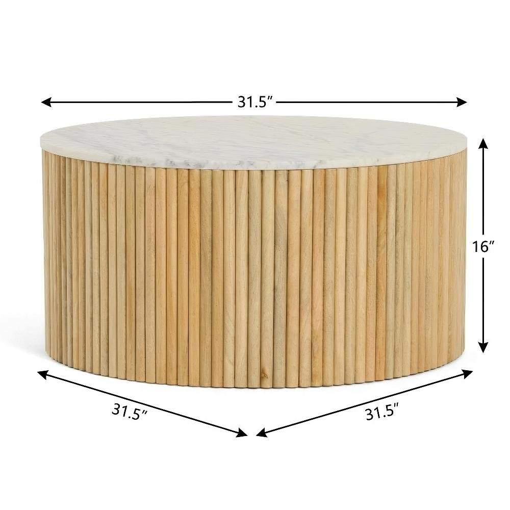 White Marble and Mango Wood Round Coffee Table with Sturdy Base