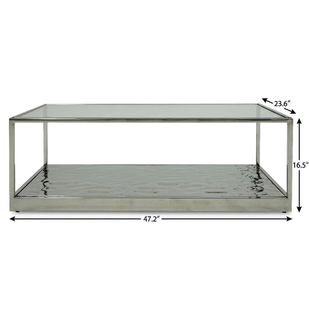 Silver Glass Coffee Table with Stainless Steel Frame and Sleek Wave Design
