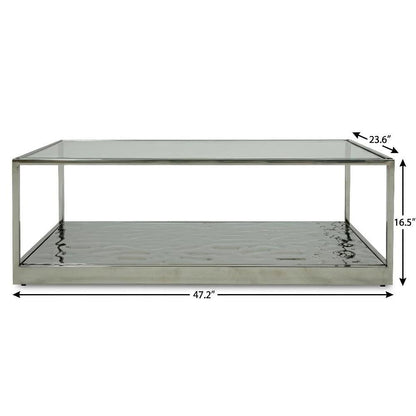 Silver Glass Coffee Table with Stainless Steel Frame and Sleek Wave Design