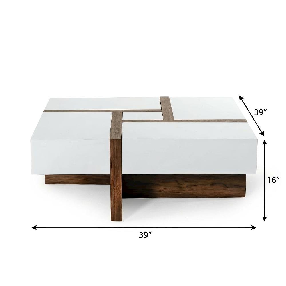 White Square Coffee Table with Walnut Veneer and MDF Construction, Single Piece
