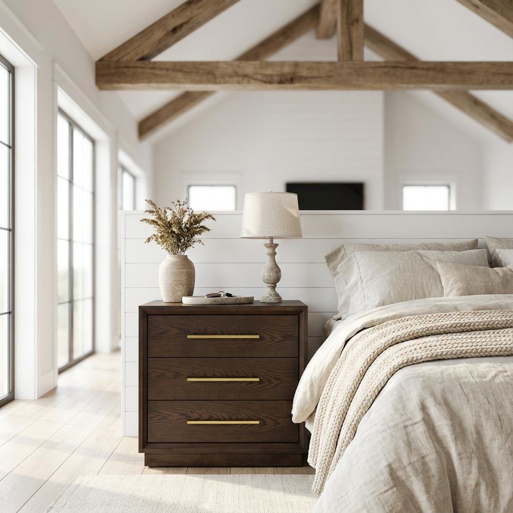 Contemporary Brown Oak and Gold Nightstand with Modern Design