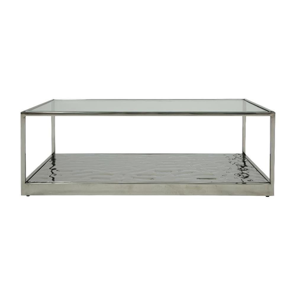 Silver Glass Coffee Table with Stainless Steel Frame and Sleek Wave Design