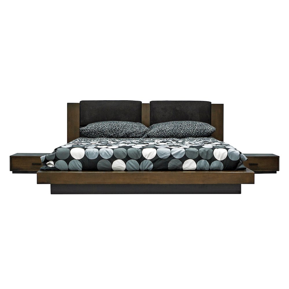 Queen Contemporary Walnut and Dark Grey Bed with Two Nightstands