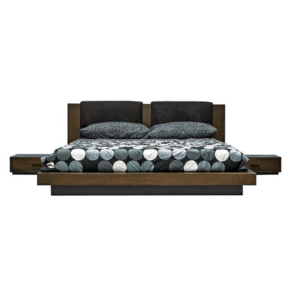 Queen Contemporary Walnut and Dark Grey Bed with Two Nightstands