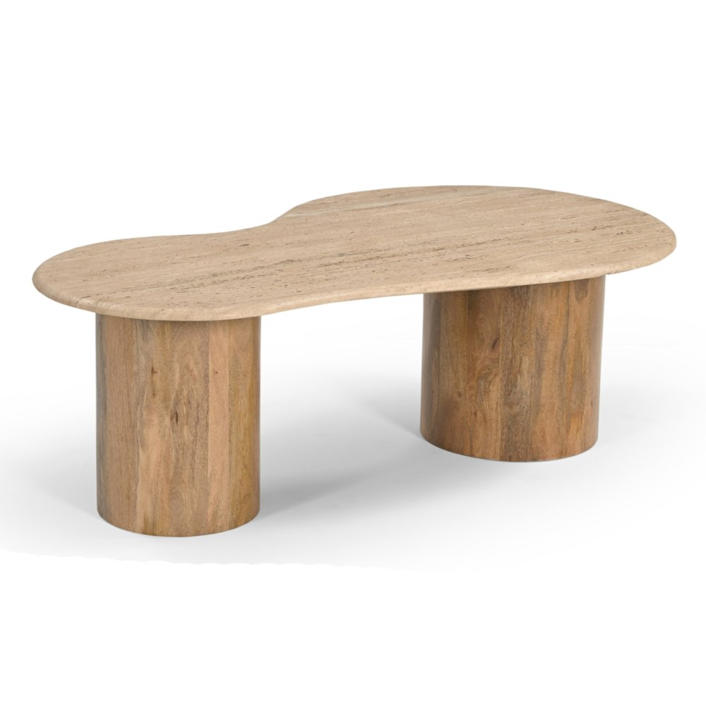 Sanford - Modern Travertine Marble Wood Freeform Coffee Table