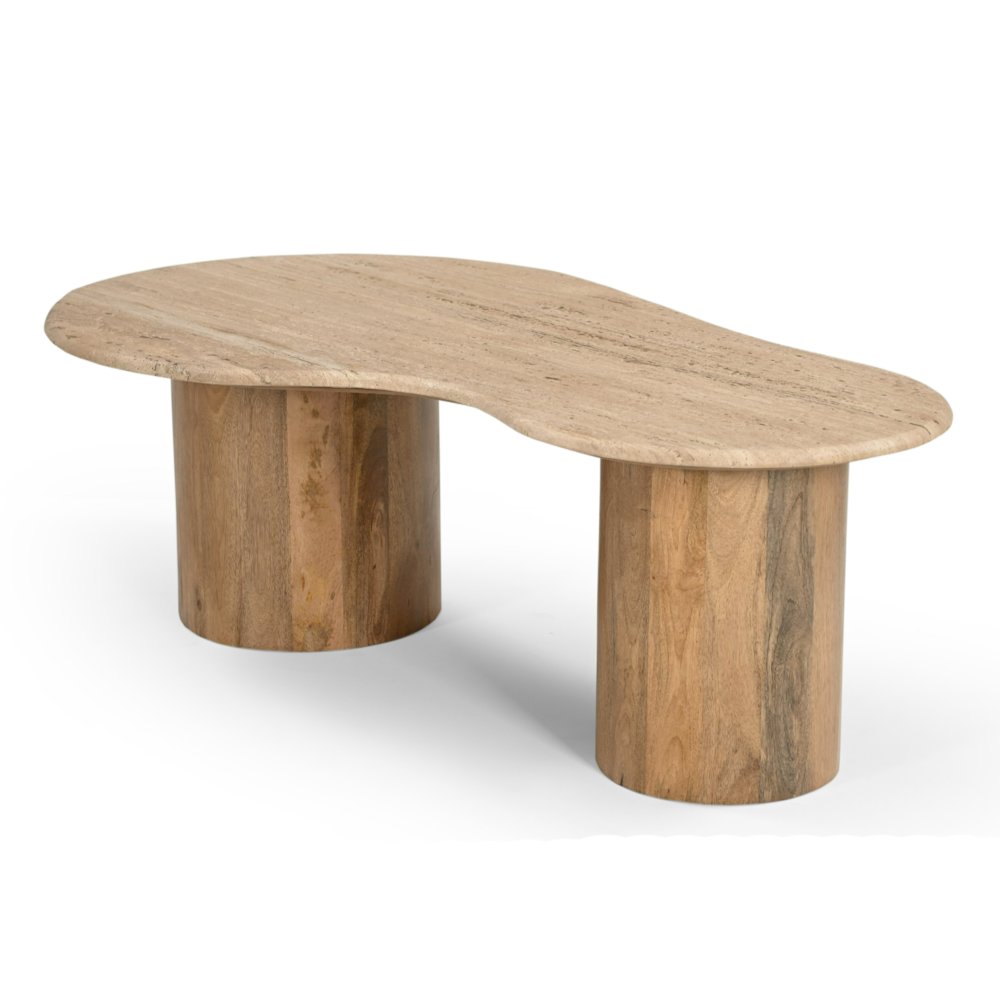 Sanford - Modern Travertine Marble Wood Freeform Coffee Table