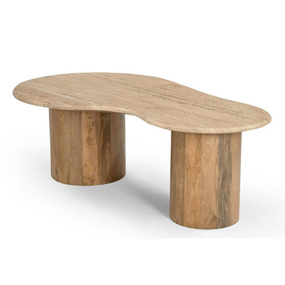 Sanford - Modern Travertine Marble Wood Freeform Coffee Table