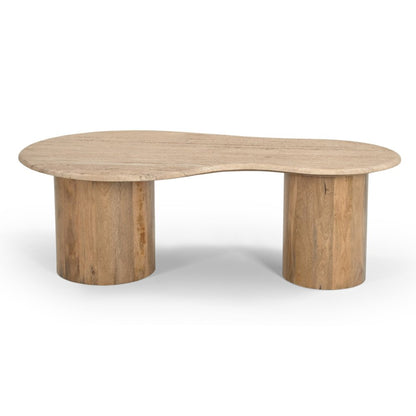 Sanford - Modern Travertine Marble Wood Freeform Coffee Table