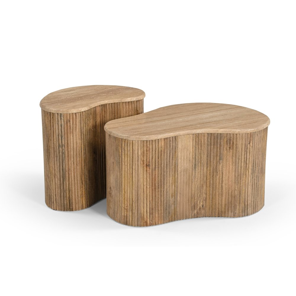 Modern Matador - Modern Travertine Marble + Wood Freeform Coffee Table Set