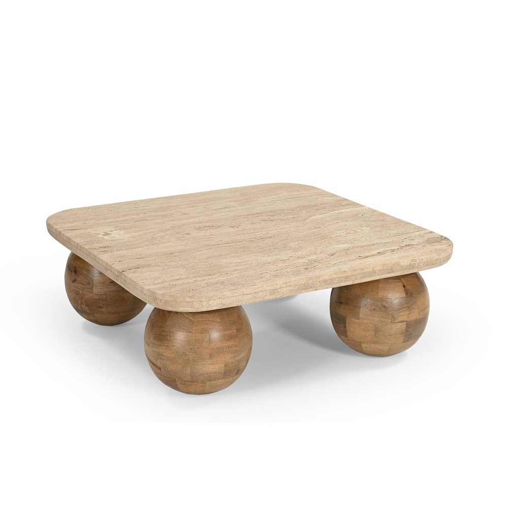 Modrest Seadrift - Modern Travertine Marble + Wood Square Coffee Table