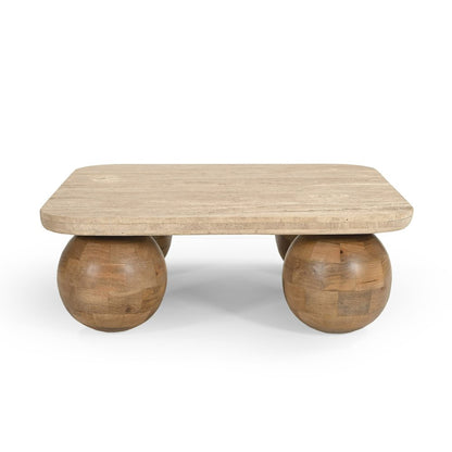 Modrest Seadrift - Modern Travertine Marble + Wood Square Coffee Table