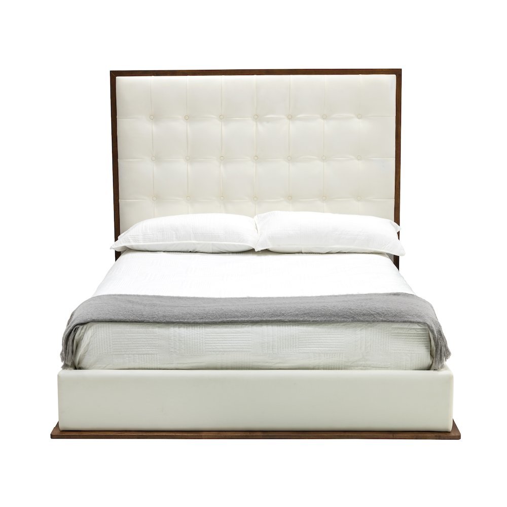 California King Bed Frame, White Faux Leather Low Profile Bed With Walnut