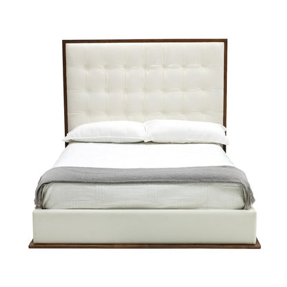 California King Bed Frame, White Faux Leather Low Profile Bed With Walnut