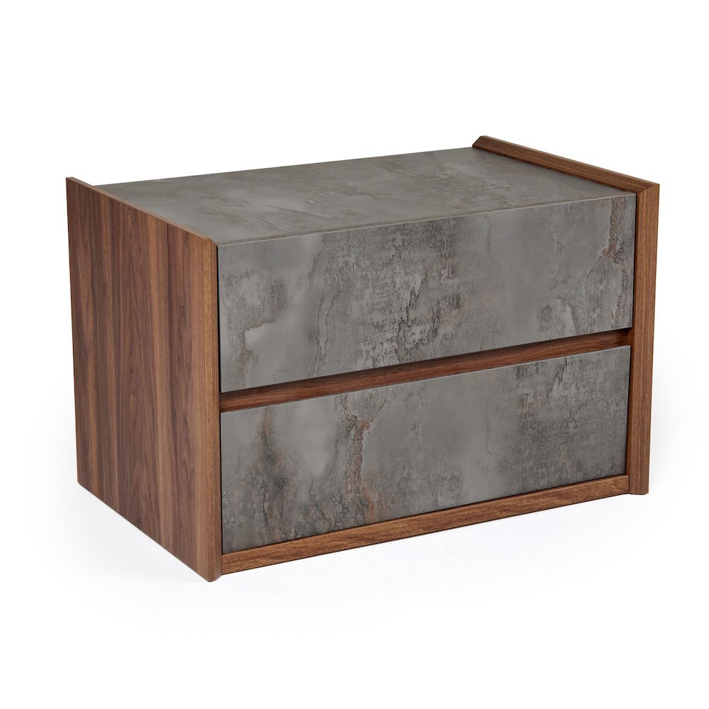 Gray Nightstand With 2 Drawers, Modern Walnut Veneer Bedroom Side Table