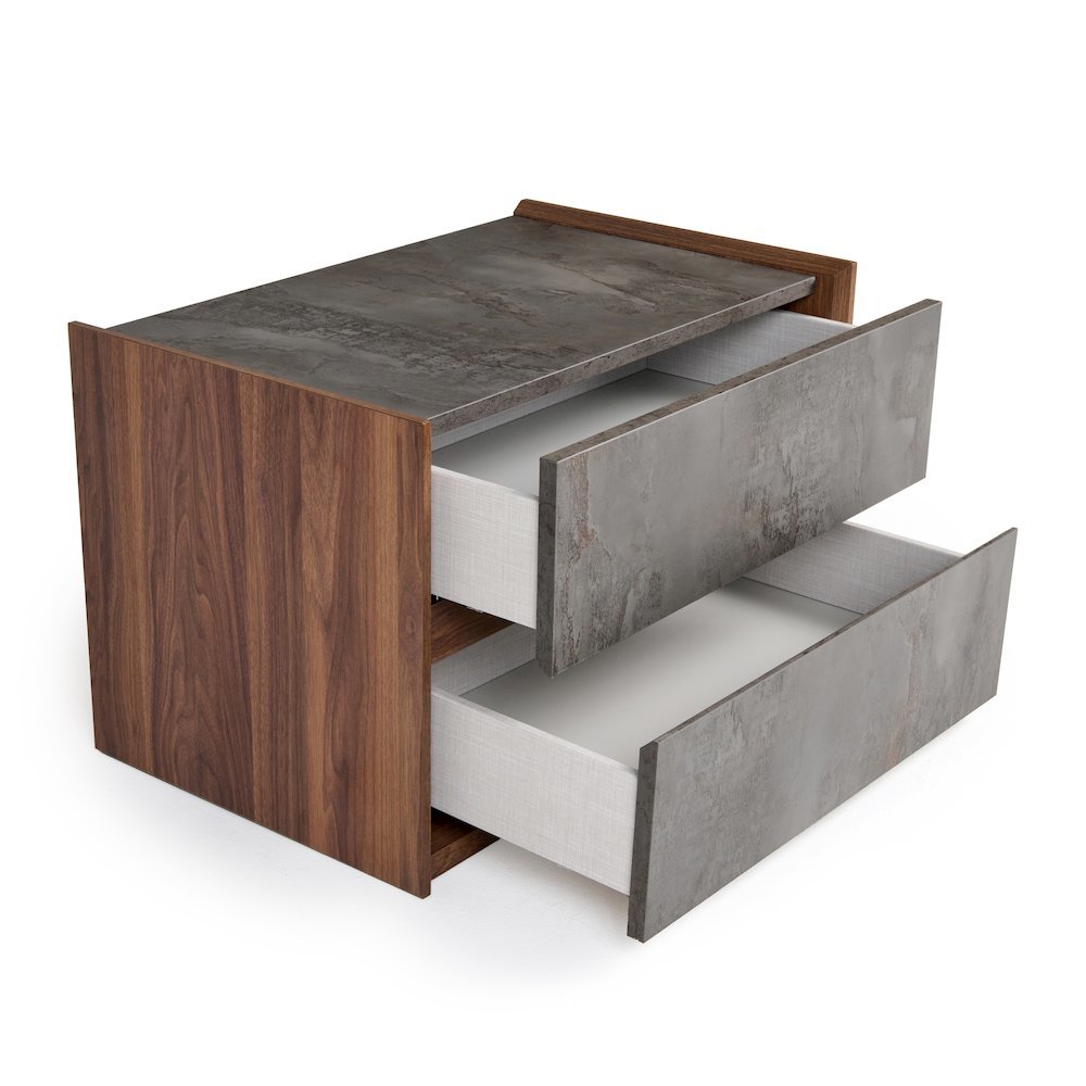 Gray Nightstand With 2 Drawers, Modern Walnut Veneer Bedroom Side Table