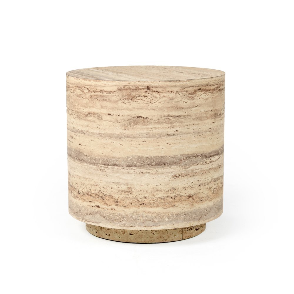 Round Faux Travertine Side Table, Gray Stone Finish Unique End Table