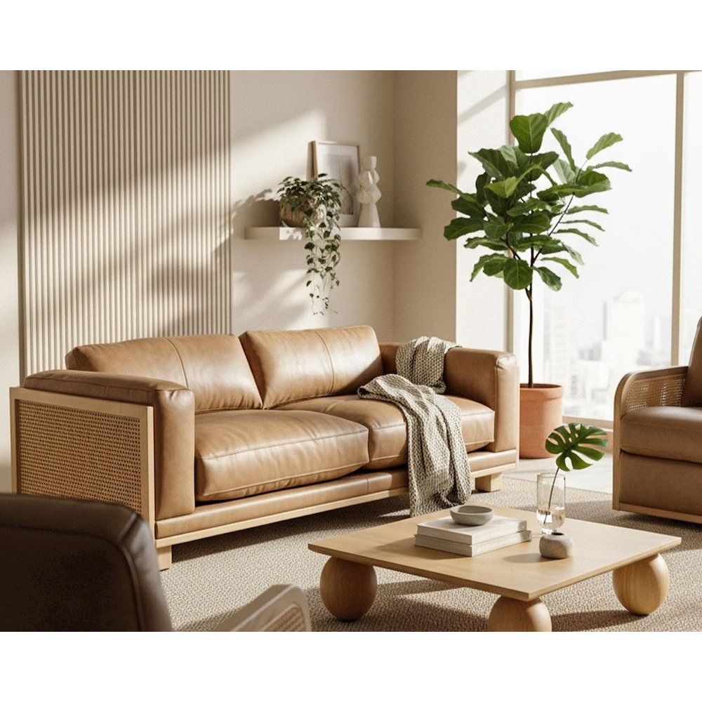 Danson - Modern Tan Leather Wicker Sofa