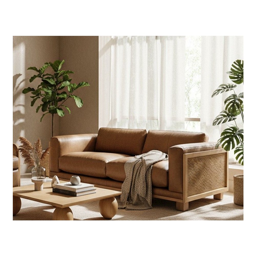 Danson - Modern Tan Leather Wicker Sofa