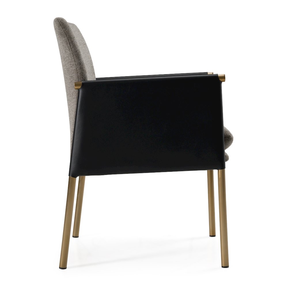 Engel - Modern Dark Grey Vegan Leather, Grey Fabric, Antique Brass Dining Chair