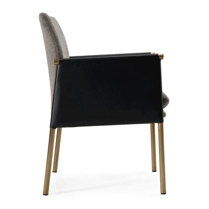 Engel - Modern Dark Grey Vegan Leather, Grey Fabric, Antique Brass Dining Chair