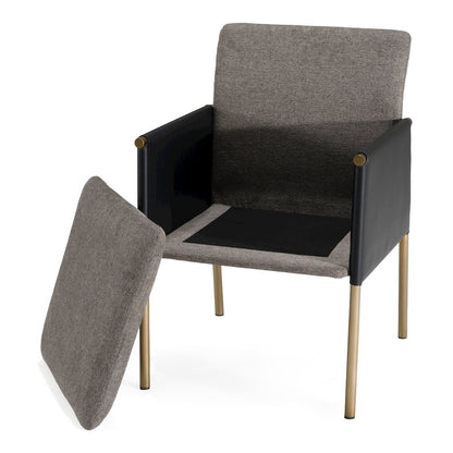 Engel - Modern Dark Grey Vegan Leather, Grey Fabric, Antique Brass Dining Chair