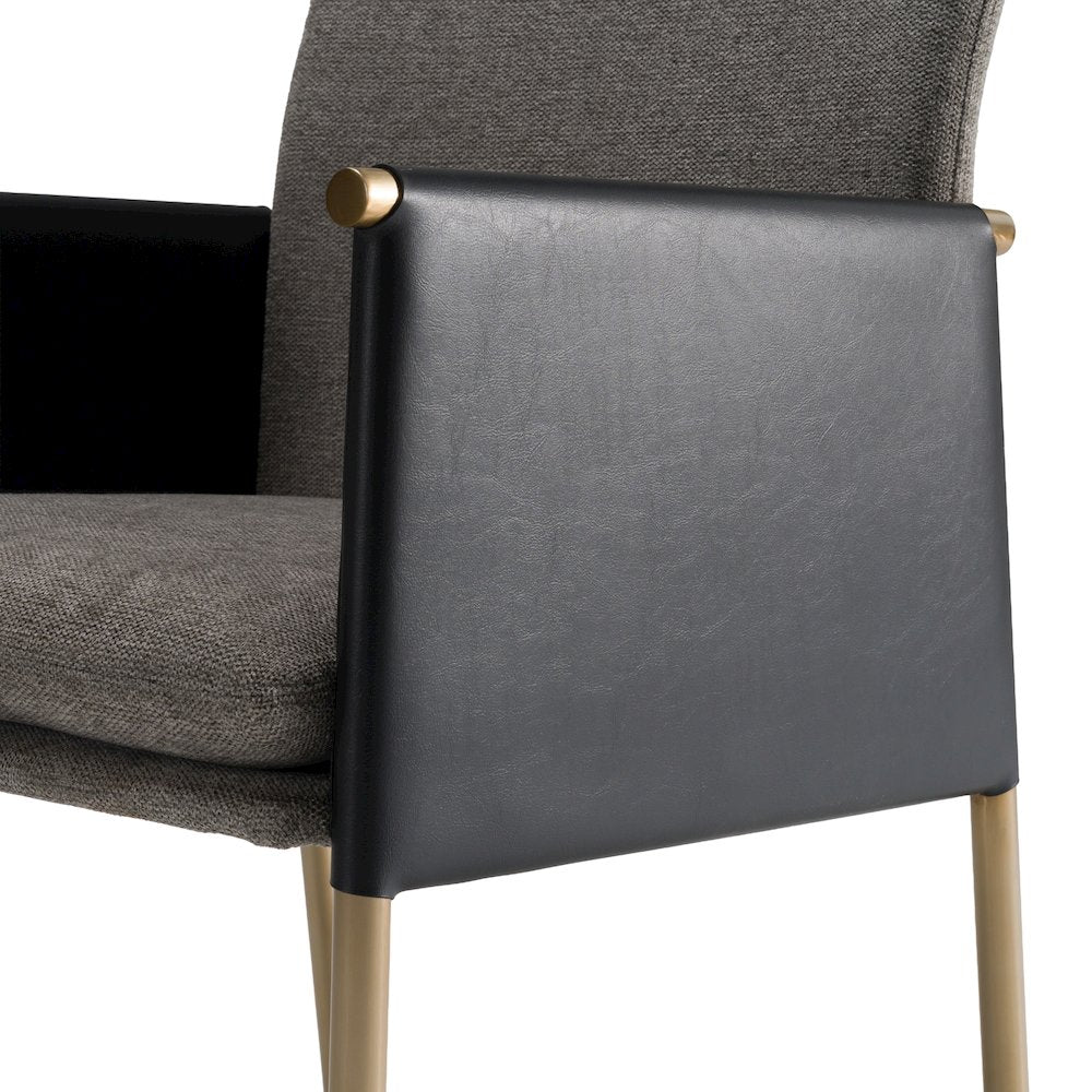 Engel - Modern Dark Grey Vegan Leather, Grey Fabric, Antique Brass Dining Chair