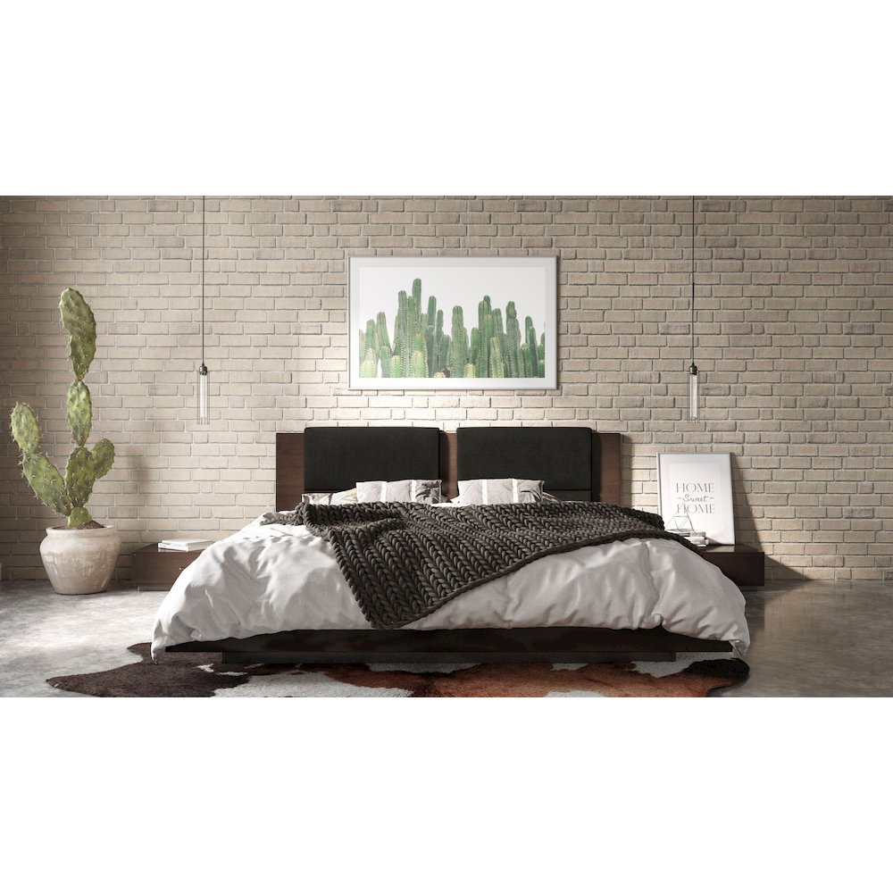 Queen Contemporary Walnut and Dark Grey Bed with Two Nightstands