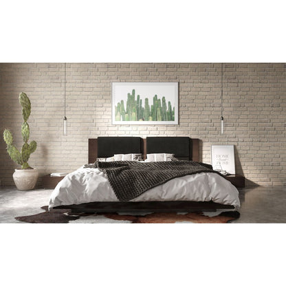 Queen Contemporary Walnut and Dark Grey Bed with Two Nightstands