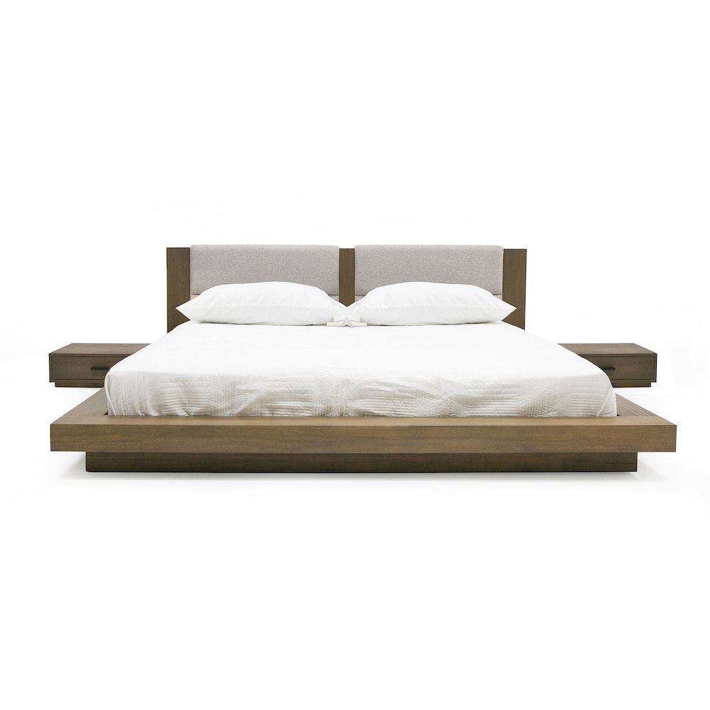 Queen Contemporary Walnut and Grey Bed with Two Nightstands