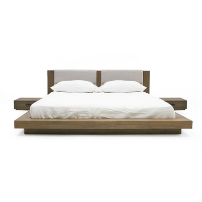 Queen Contemporary Walnut and Grey Bed with Two Nightstands