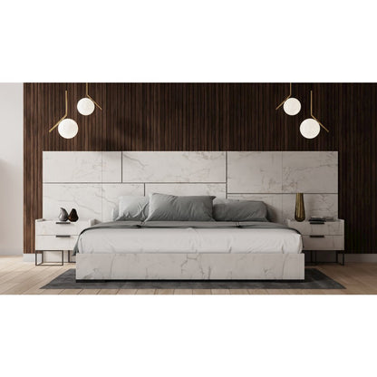 California King Modern White and Marble Bed with Two Nightstands