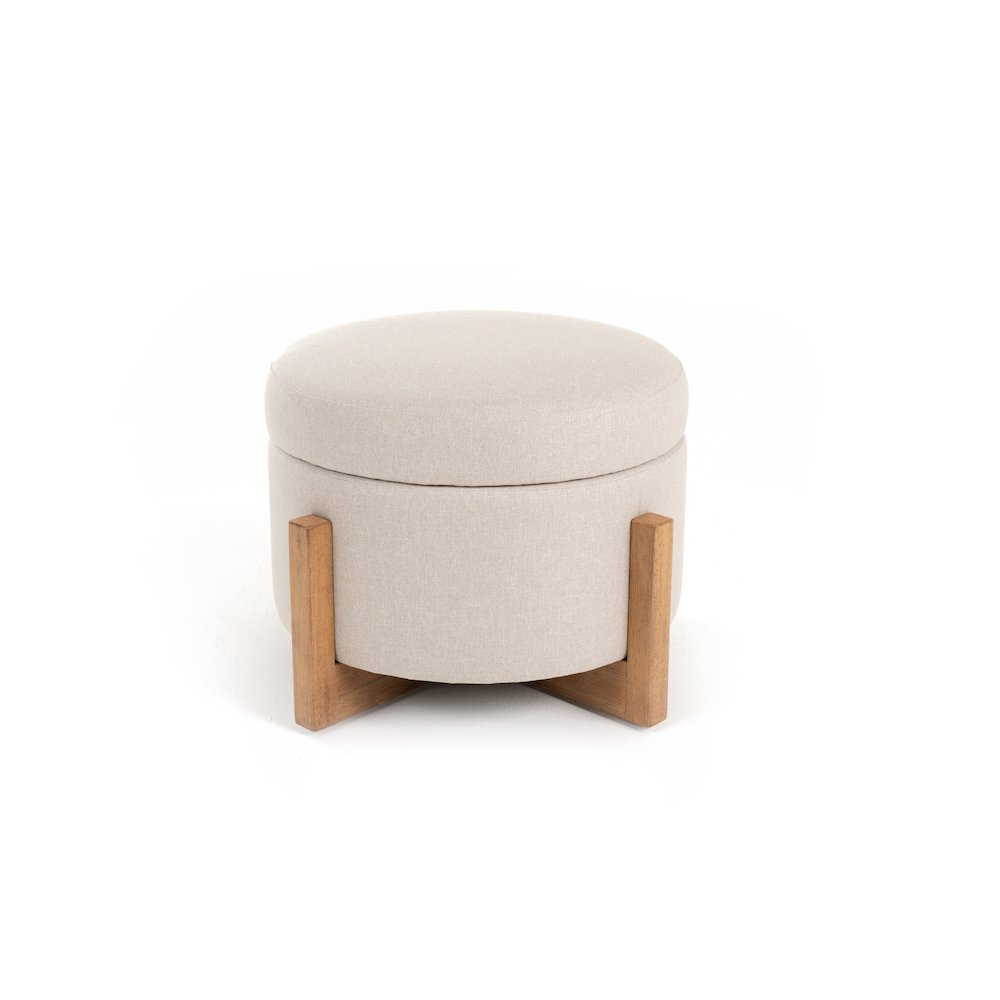 Modrest Sada - Mid-Century Modern Beige Linen + Chestnut Round Ottoman