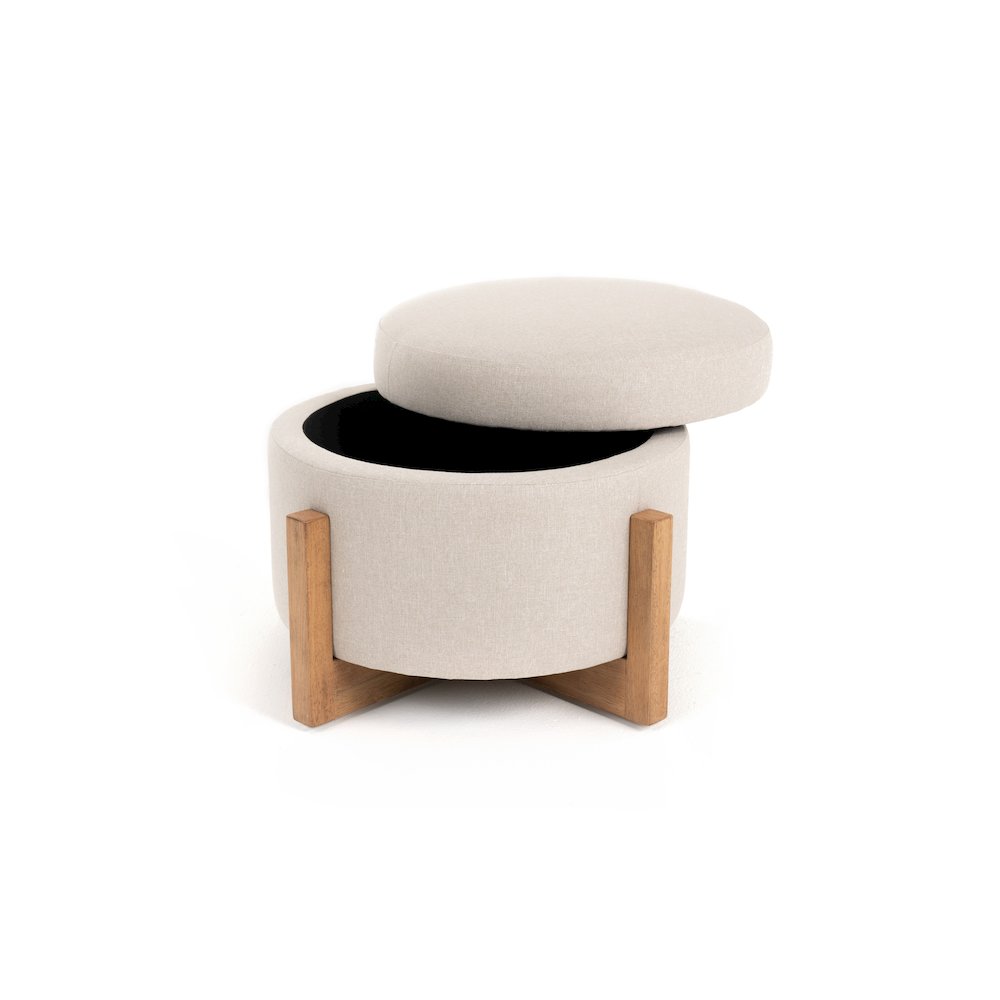 Modrest Sada - Mid-Century Modern Beige Linen + Chestnut Round Ottoman