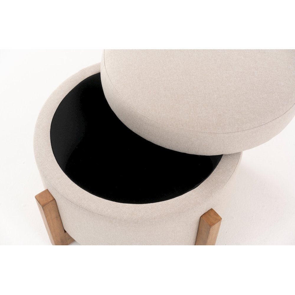 Modrest Sada - Mid-Century Modern Beige Linen + Chestnut Round Ottoman