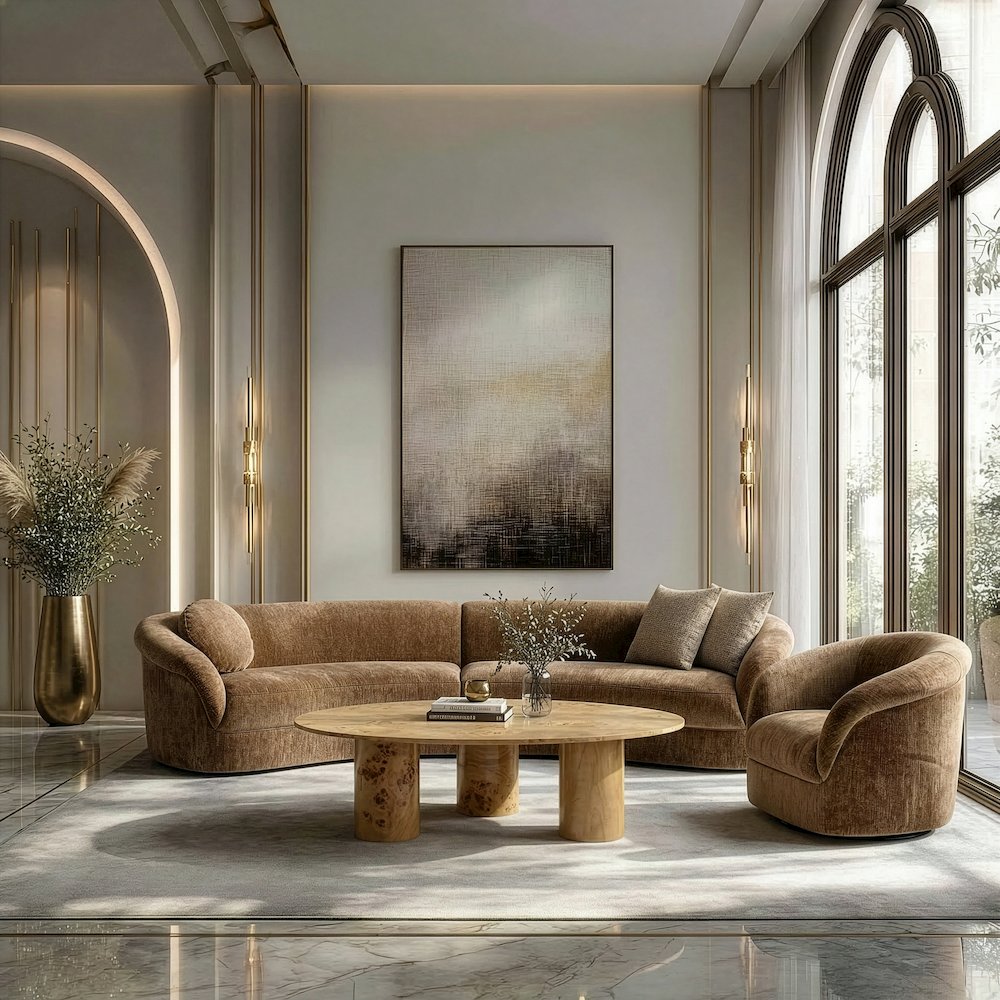 Sheth - Modern Brown Fabric Curved Sectional Sofa