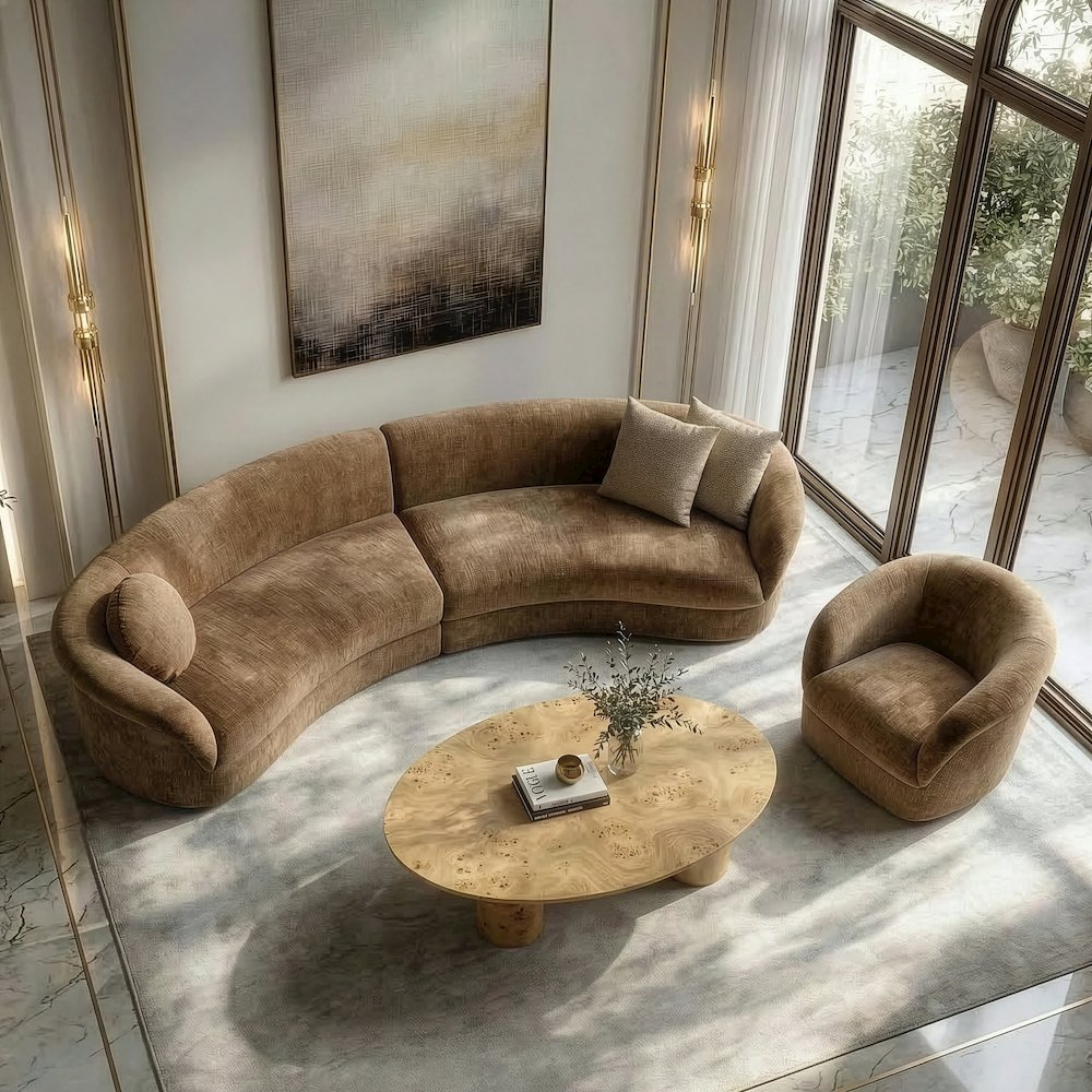 Sheth - Modern Brown Fabric Curved Sectional Sofa