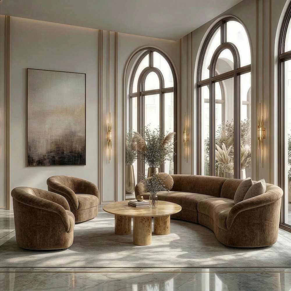Sheth - Modern Brown Fabric Curved Sectional Sofa