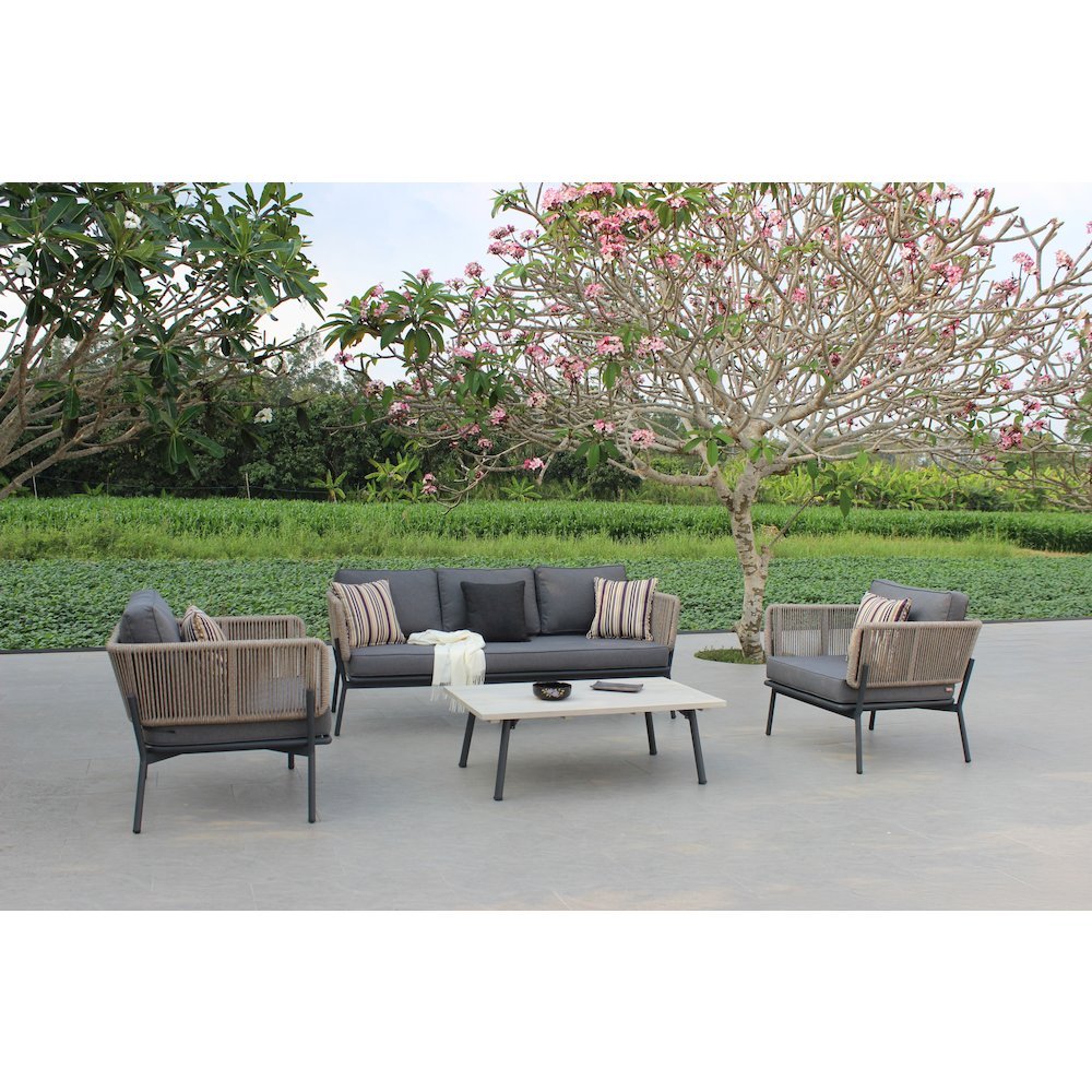 Renava Suntide - Outdoor Grey Fabric + Beige Rattan + Grey Acacia Sofa Set