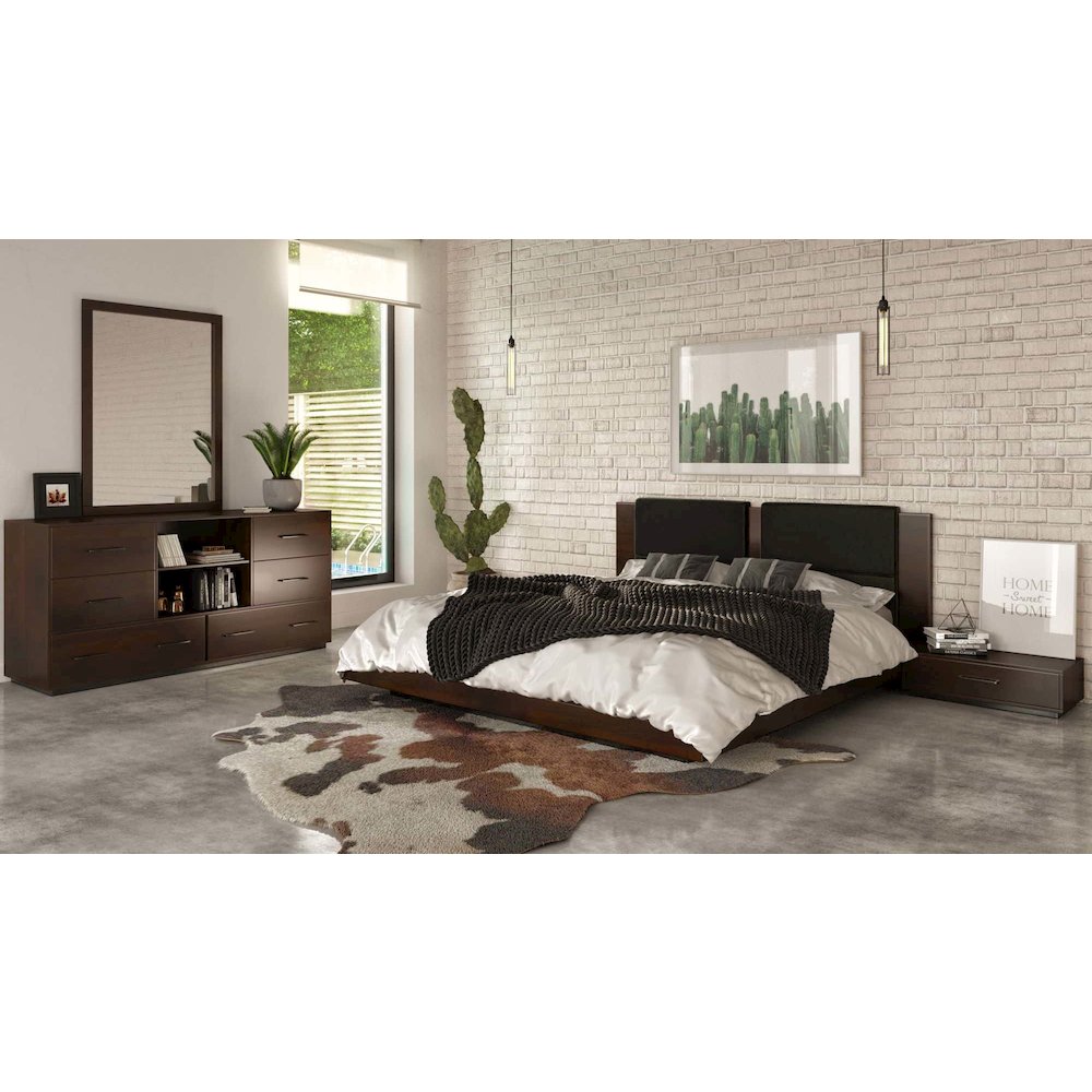 Queen Contemporary Walnut and Dark Grey Bed with Two Nightstands