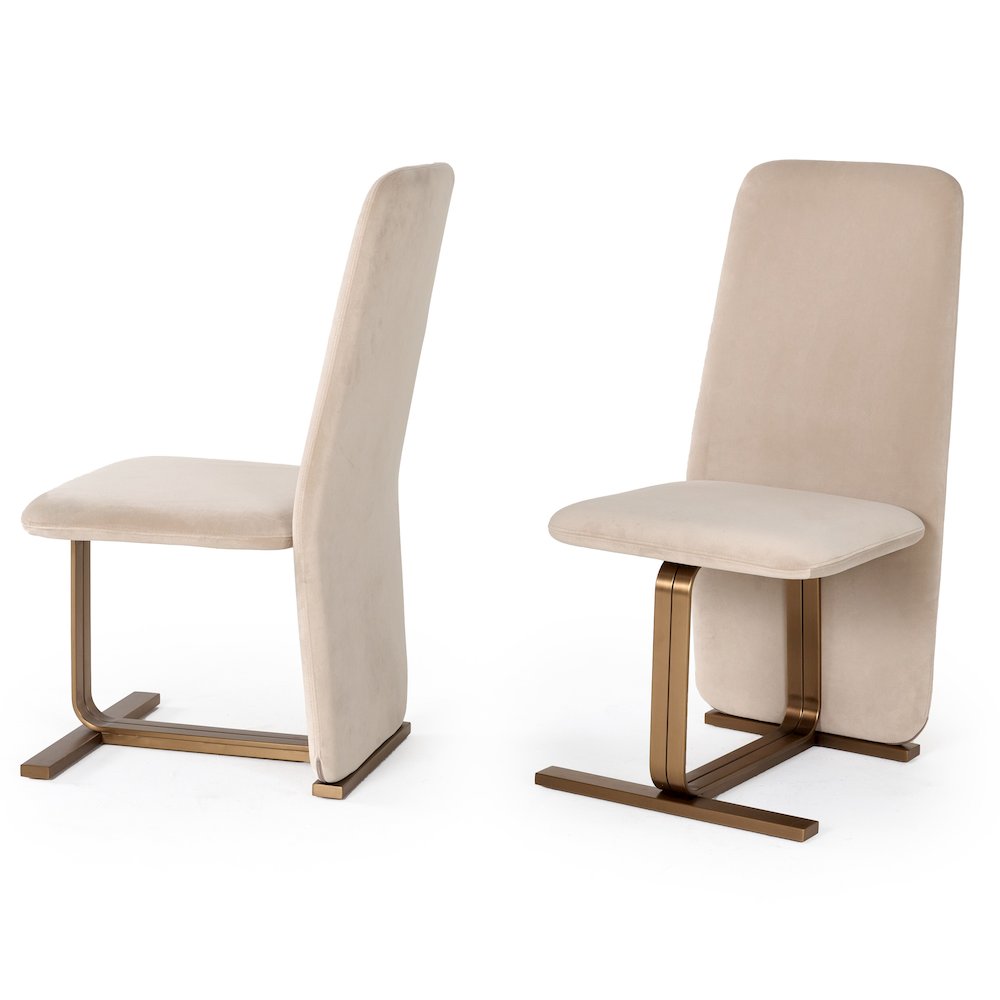 Modern Light Beige Grey Velvet + Brushed Brass Dining Chair (Set of 2)
