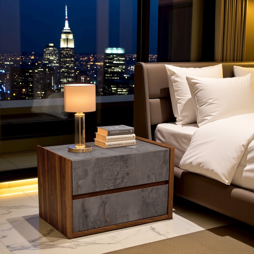 Gray Nightstand With 2 Drawers, Modern Walnut Veneer Bedroom Side Table