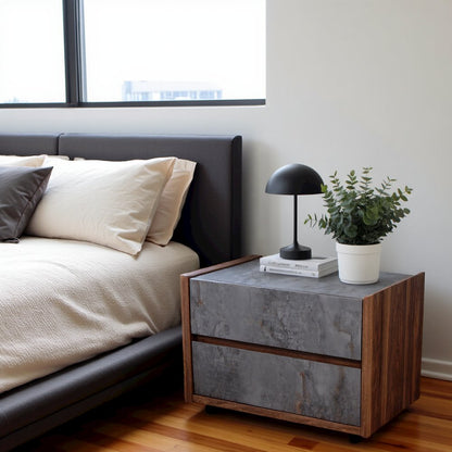 Gray Nightstand With 2 Drawers, Modern Walnut Veneer Bedroom Side Table