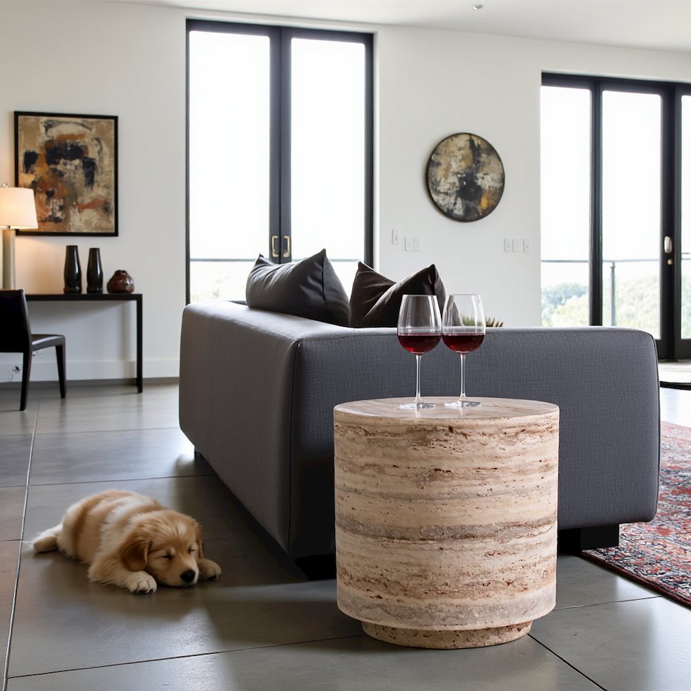 Round Faux Travertine Side Table, Gray Stone Finish Unique End Table