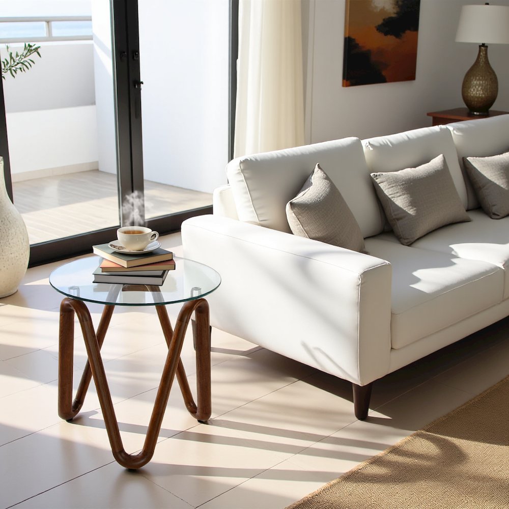 Round Glass End Table With Walnut Base, Solid Wood Side Accent Table