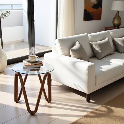 Round Glass End Table With Walnut Base, Solid Wood Side Accent Table