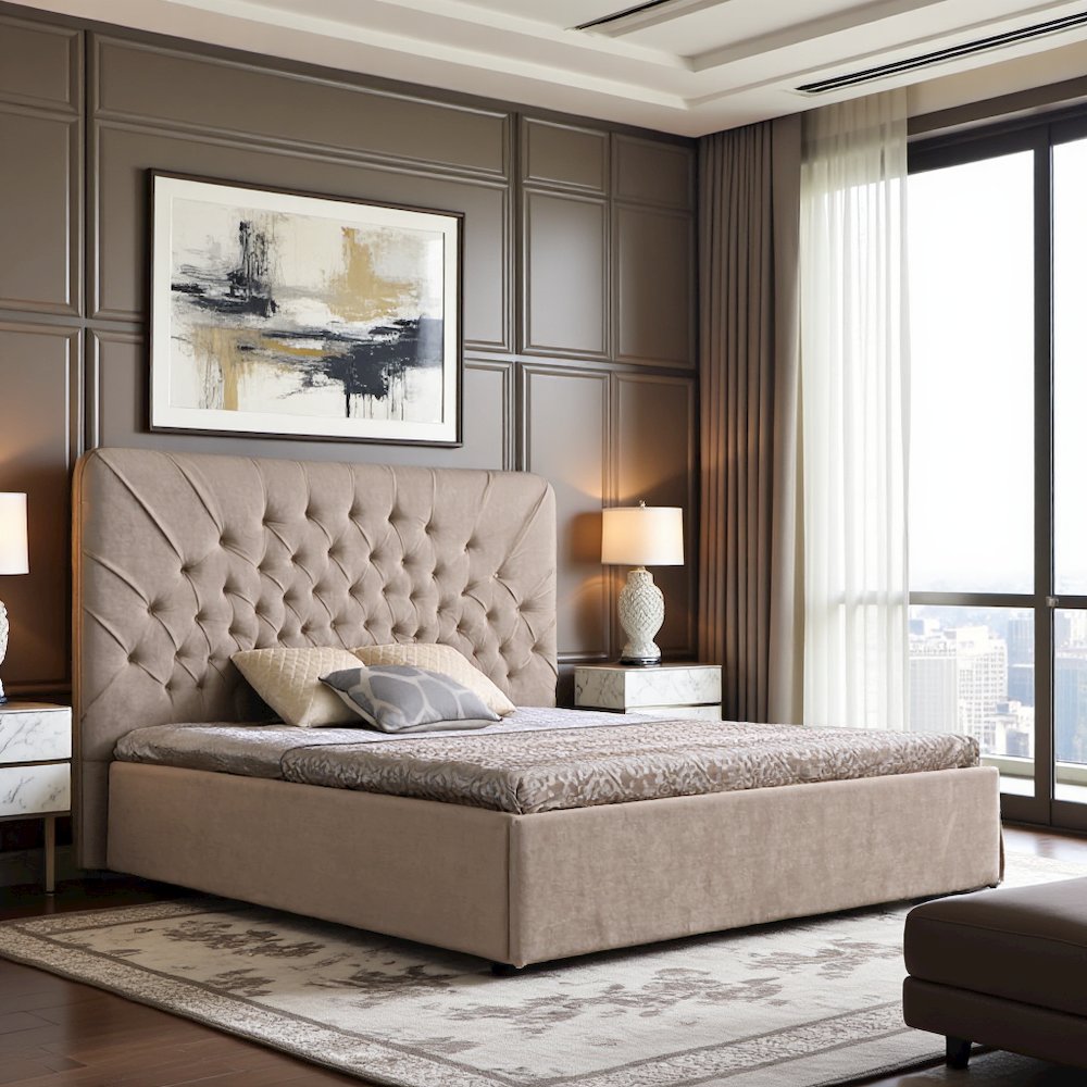 Eastern King Luxury Bed Frame, Tufted Bed Frame Upholstered In Beige Velvet
