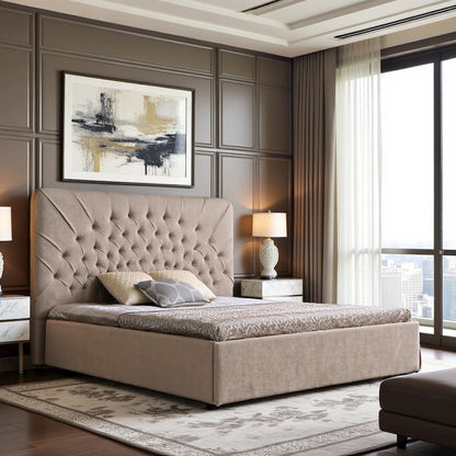Eastern King Luxury Bed Frame, Tufted Bed Frame Upholstered In Beige Velvet