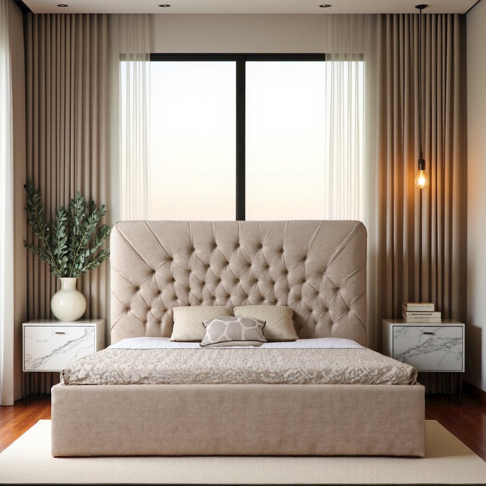 Eastern King Luxury Bed Frame, Tufted Bed Frame Upholstered In Beige Velvet