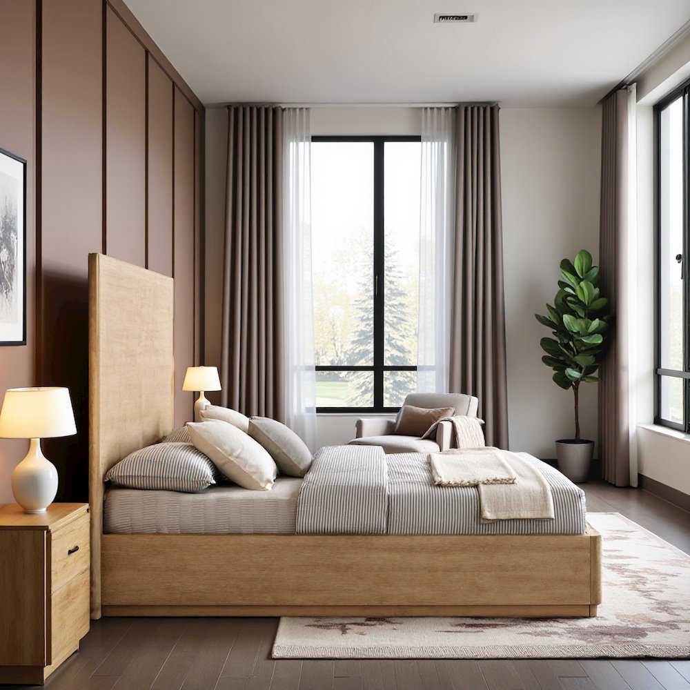 Oak Wood Eastern King Bed Frame, Modern Boho Bed Frame With Headboard